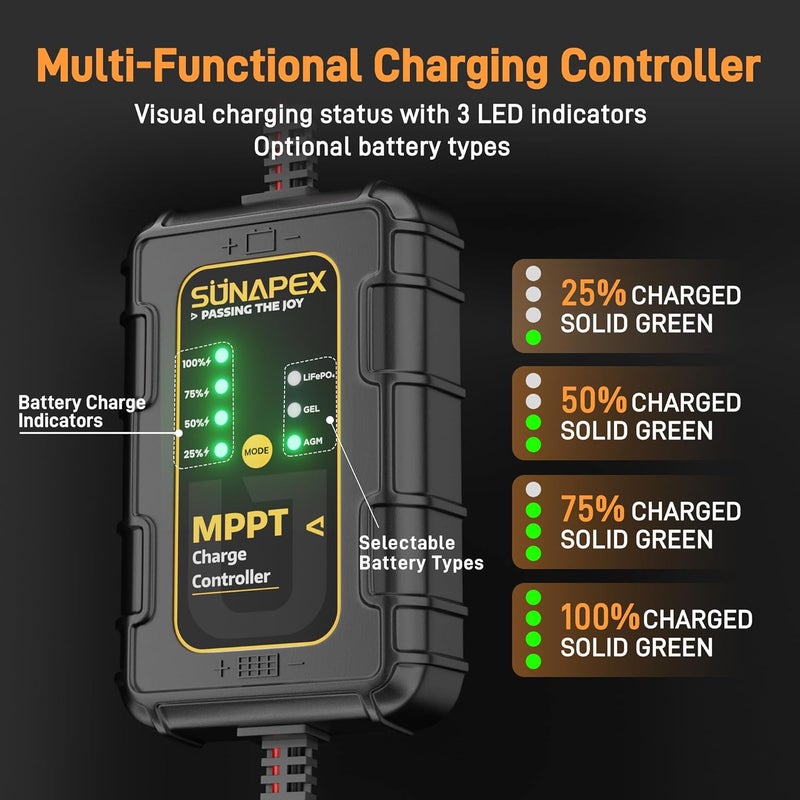 SUNAPEX 12V 30 Watt Solar Trickle Charger Maintainer with MPPT Controller - Portable Waterproof Solar Powered Battery Charger - Solar Panel Kit for Car Rv Trailer Truck Boat Automotive Marine - Image 5